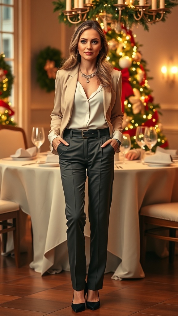 Classy casual Christmas dinner outfit with tailored trousers and a blouse, set in a festive dining environment.
